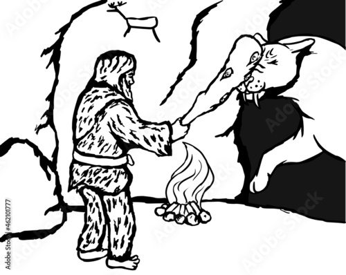 Caveman beats saber-toothed tiger with a club.Black and white vector illustration