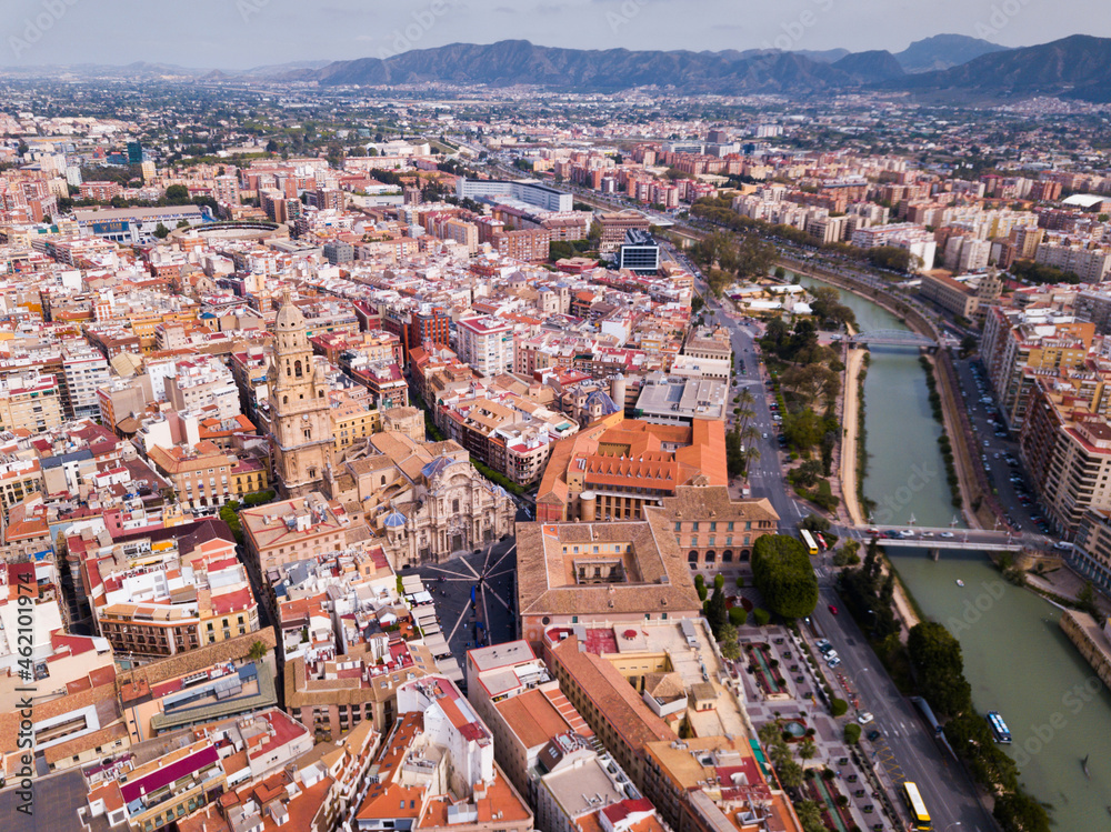 Aerial view of Murcia cityscape with a segura river and apartment buildings, Spain