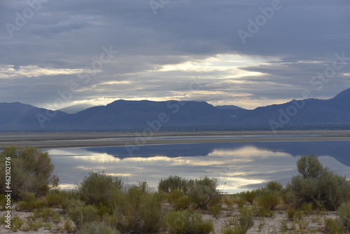 Antelope Island Utah with low water levels in the Great Salt Lake at Sunset on a cloudy evening © Brian