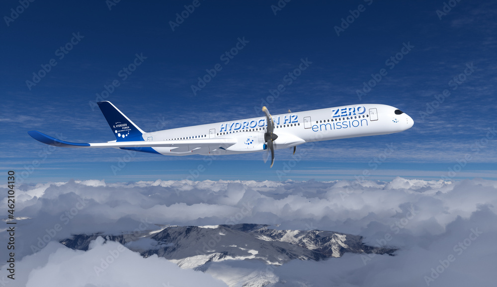 Blue Hydrogen filled H2 Aeroplane flying in the sky - future H2 energy concept. Blue Hydrogen filled H2 Aeroplane flying in the sky - future H2 energy concept.