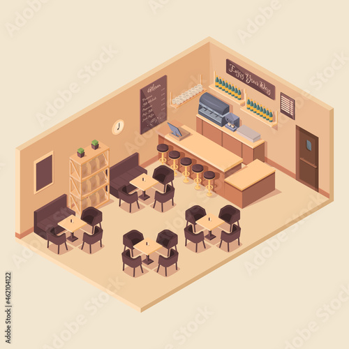 cartoon isometric cafe interior, vector illustration