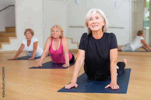 Smiling sporty mature woman with group of females exercising Hatha yoga poses in modern yoga studio, doing Upward Facing Dog stretching pose.