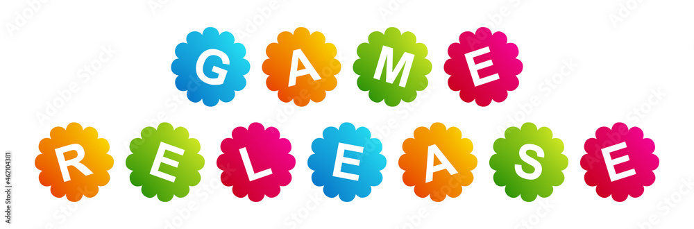 Game Release - text written on Beautiful Isolated Colourful Shapes with White background Game Release - text written on Beautiful Isolated Colourful Shapes with White background