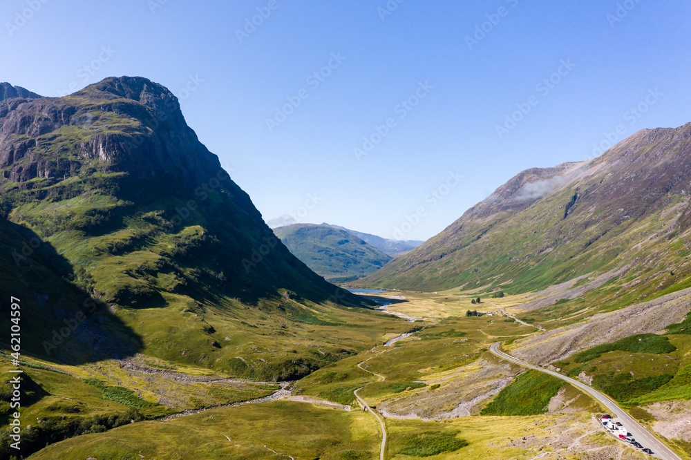 Aerial view of a beautiful valley in the Scottish Highlands (Glen Coe)