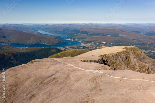Aerial view of the footpath to the summit of Ben Nevis with several sea Lochs in the background