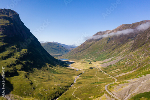 Aerial view of a beautiful valley in the Scottish Highlands (Glen Coe)