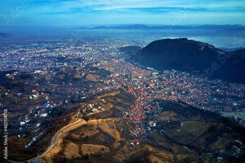 Panoramic view of the old town in the winter time, Aerial cityscape of Brasov city, Transylvania landmark in Brasov, Romania