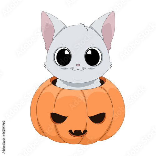 Zabawny biały kot chowający się w wydrążonej dyni. Ilustracja na Halloween. Cukierek albo psikus! Uroczy ręcznie rysowany mały kotek. Ilustracja wektorowa.