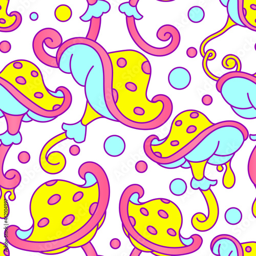 Seamless pattern, mysterious mushroom. Vibrant graphic illustration. Used as web wallpaper, background.