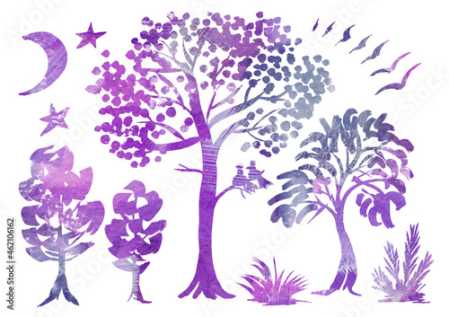 Watercolor artistic multicolor night forest landscape on white background. Doodle and scribble. Gray, violet, purple and lilac tree, moon, birds, star, grass and bush for postcard and scrapbooking © Andrei