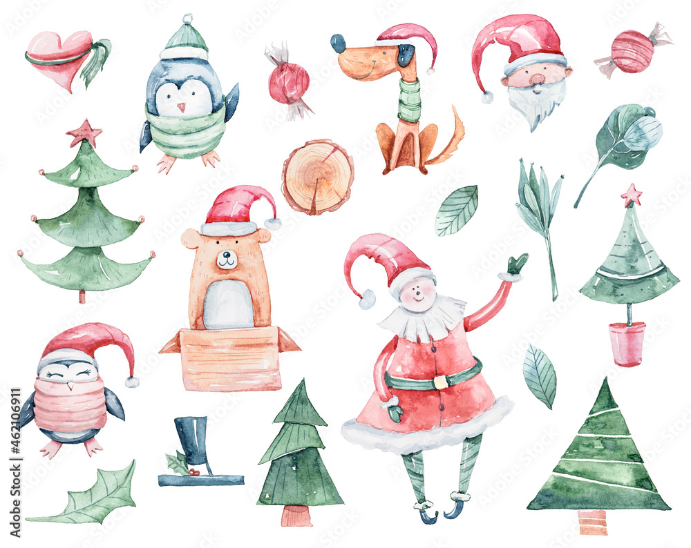 Fototapeta premium Watercolor Christmas and New Year hand painted clipart, set of individual elements on white background. Winter holiday illustrations: Santa Claus, Christmas tree, penguins, dogs. Perfect for stickers