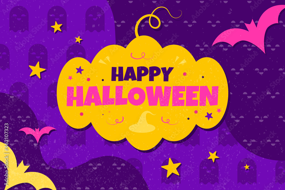 Banner, illustration of happy halloween, bats, pumpkin Paper Cut Out. Children's holiday. Yellow-orange-blue. 