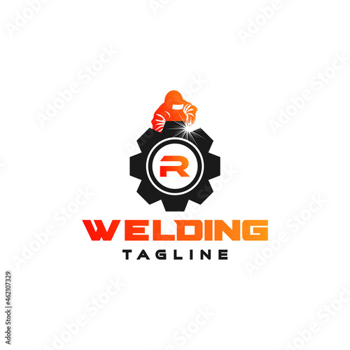 Letter R welding logo, welder silhouette working with weld helmet in simple and modern design style art