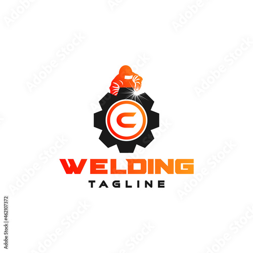 Letter C welding logo, welder silhouette working with weld helmet in simple and modern design style art
