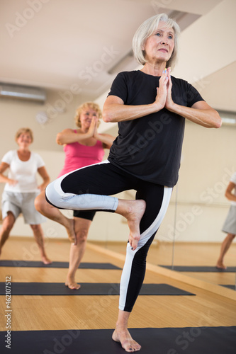Aged women practicing yoga in a group class perform the exercise while standing in the tree pose in a fitness studio