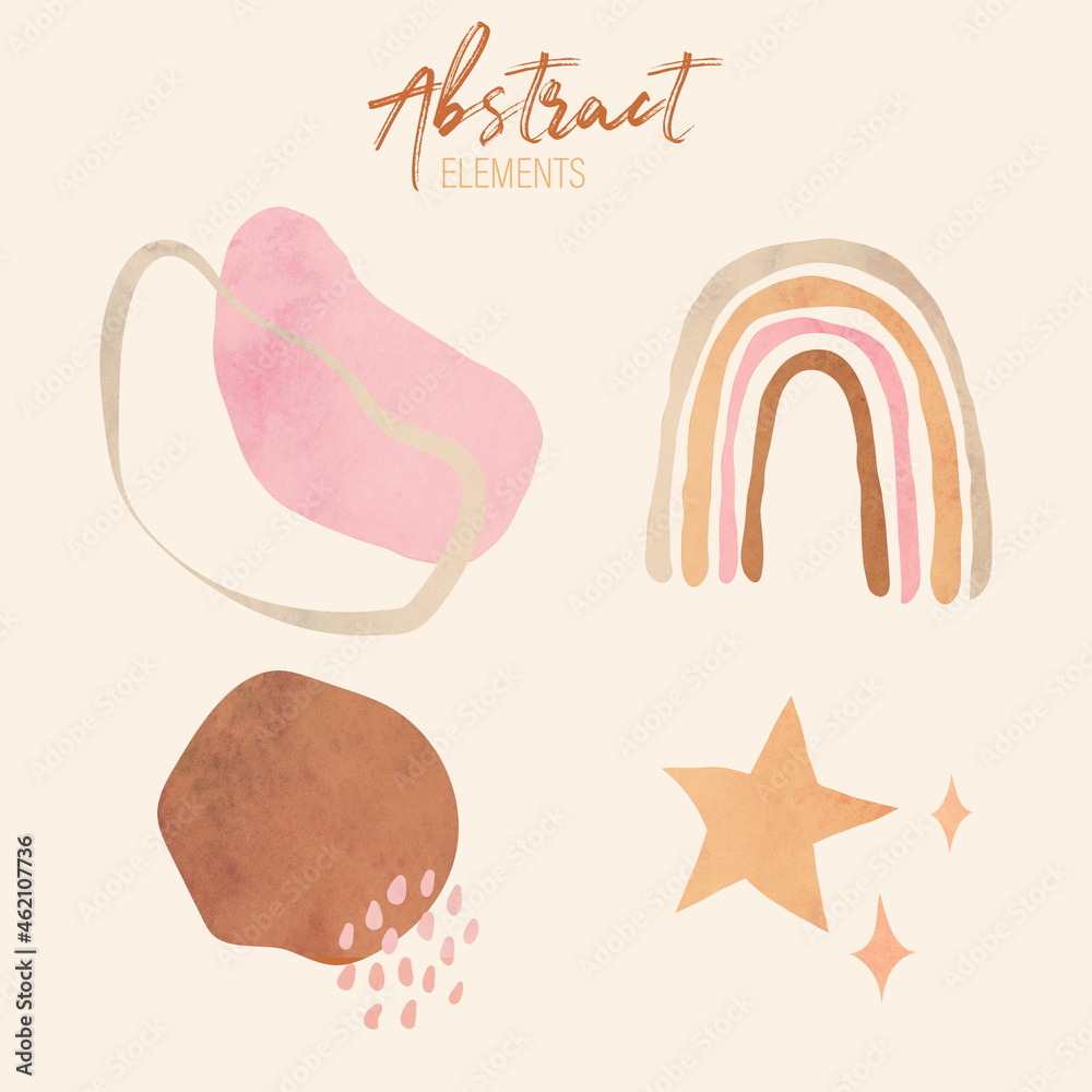 Set of abstract pastel decorative shapes, elements in boho chic style, Scandinavian background. Stains, circles, points, sun and stars with grunge texture, watercolor. 