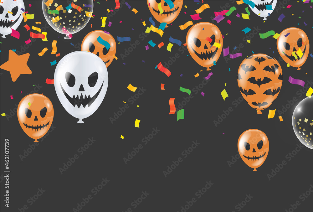 Obraz premium Happy Halloween banner trick party balloons, ghost, bats, Party invitation background Vector illustration