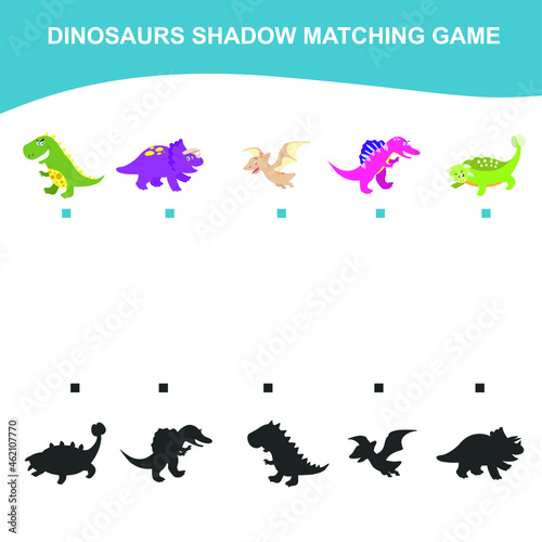 Shadow Matching game for Preschool Children. Dinosaurs Edition. Educational activity for preschool kids. Vector illustration. 
