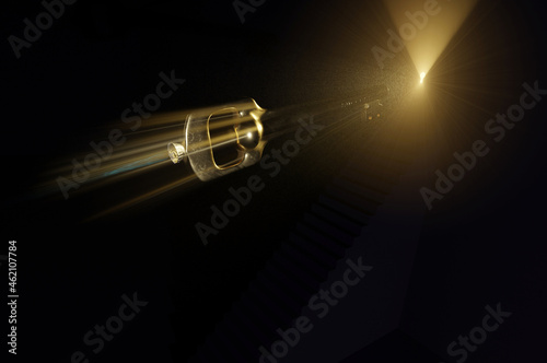 3d illustration. The rocket key of success close to open the door.