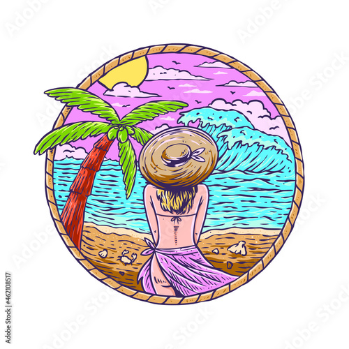 women in the beach handdrawn illustration photo