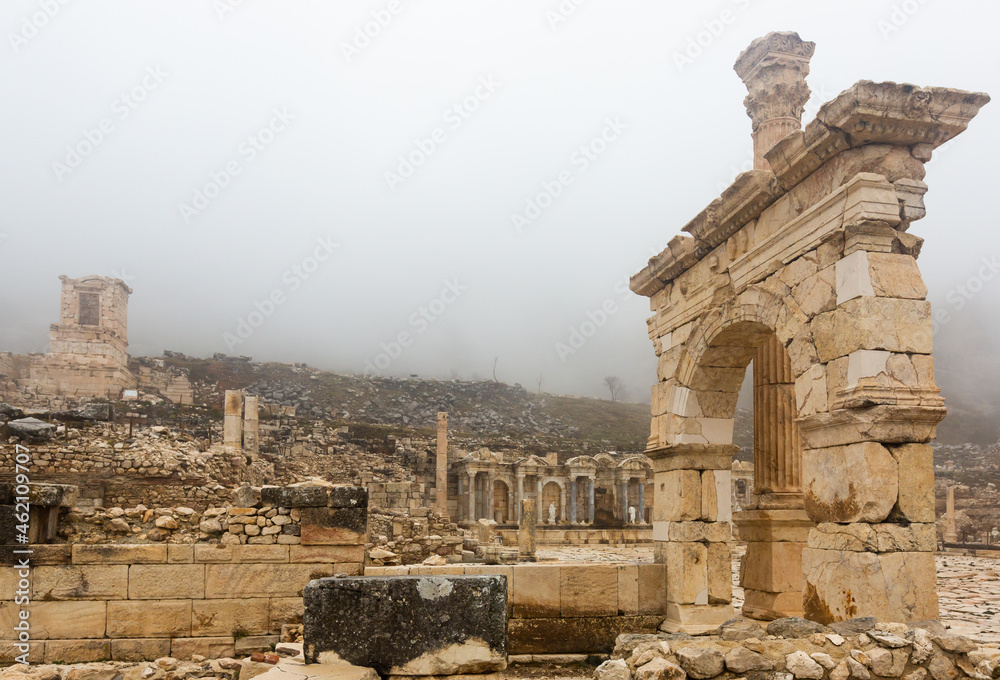 Remained honorific arched gate and Corinthian column at important Turkish archaeological site of Sagalassos on misty winter day