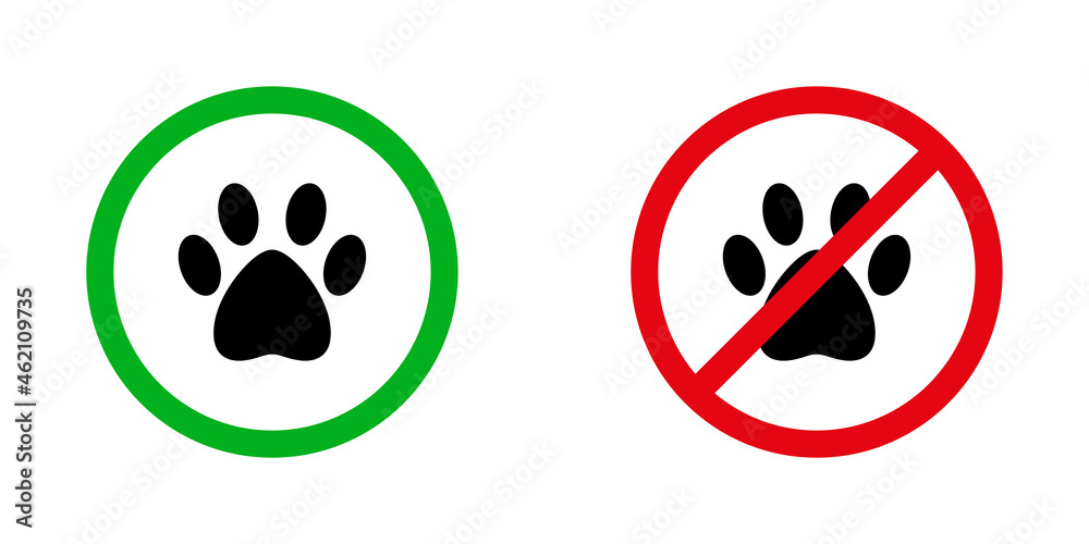 Se permite el ingreso de mascotas. Prohibido el ingreso de mascotas. Icono de huella rojo y verde. Concepto de prohibido y se permite el ingreso de animales. Ilustración vectorial Se permite el ingreso de mascotas. Prohibido el ingreso de mascotas. Icono de huella rojo y verde. Concepto de prohibido y se permite el ingreso de animales. Ilustración vectorial