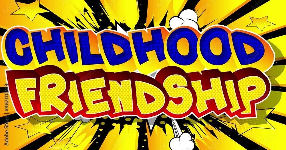 Childhood Friendship. Motion poster. 4k animated Comic book word text moving back and forth on abstract comics background. Retro pop art style.