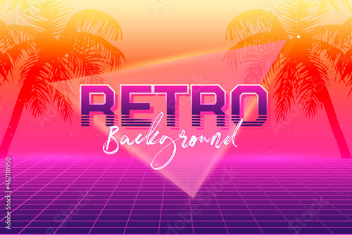 Vintage retro wallpaper, banner, illustration in the style of the 80s, 90s. Grunge texture, neon, glow, geometric shapes. Pink purple. 