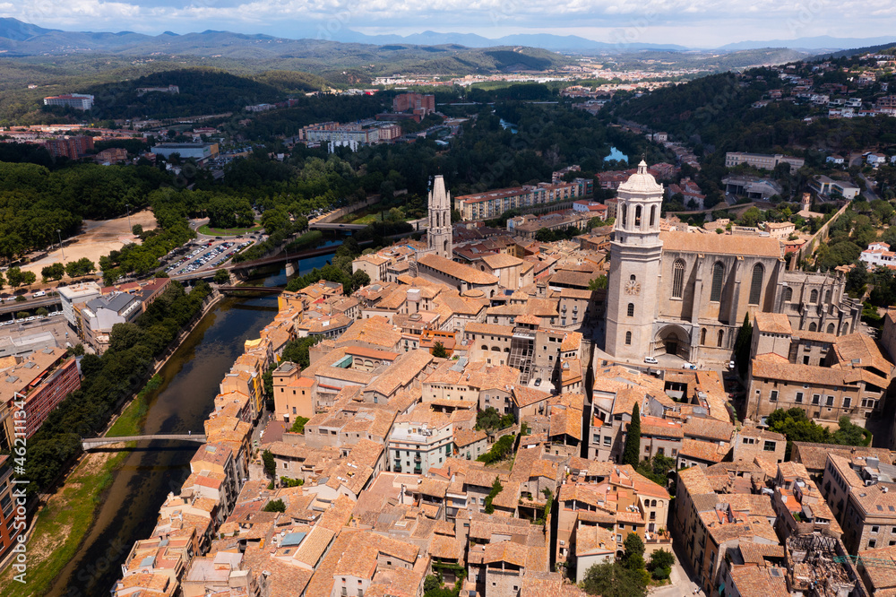 Aerial view of the residential areas of the small Catalan town of Gerona, Spain