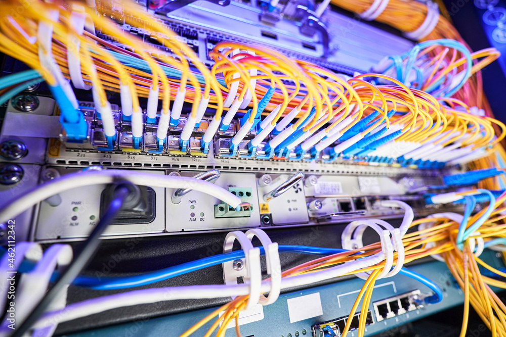 Variety of cables inserted in patch panel of network switch