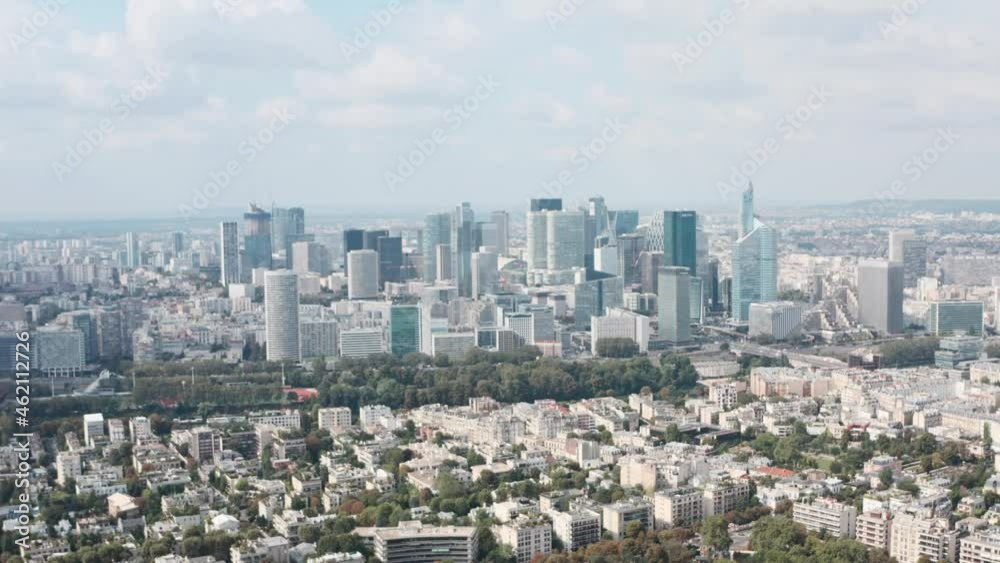Establishing drone shot of La Defence Business district West Paris Establishing drone shot of La Defence Business district West Paris