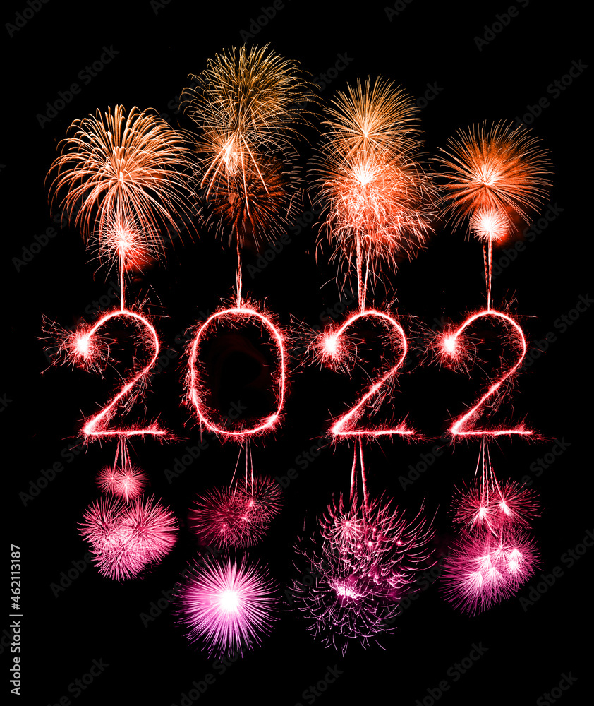 2022 happy new year fireworks written sparkling at night