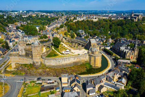 Scenic aerial view of Fougeres town in northwestern France overlooking ancient castle in summer