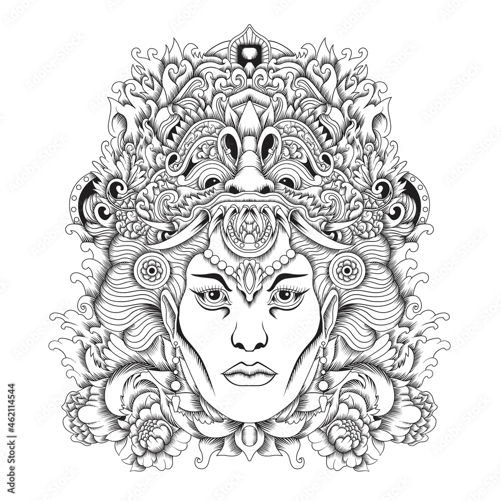 Barong mask with balinese woman tattoo style in black and white Barong mask with balinese woman tattoo style in black and white