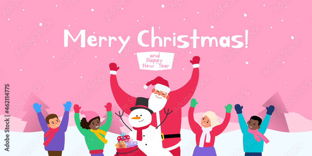 merry christmas santa claus snowman and children vector illustration merry christmas santa claus snowman and children vector illustration