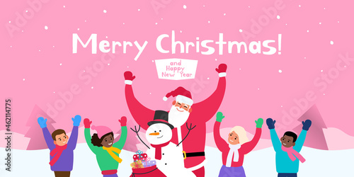 merry christmas santa claus snowman and children vector illustration