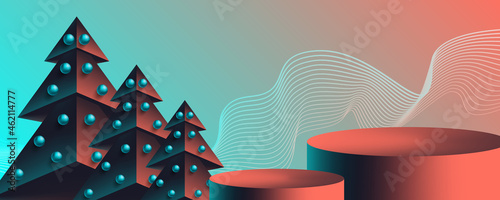 christmas and new year product presentation with spruce trees and cylinder podiums