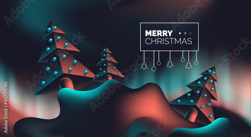 merry christmas creative web banner  design with 3d geometric spruce trees northern light on dark background vector illustration