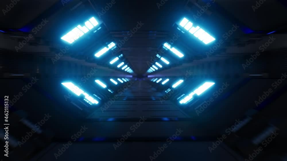 Fly Inside Of Futuristic Metallic Corridor With Blue Laser Neon Lines, 3d rendering Fly Inside Of Futuristic Metallic Corridor With Blue Laser Neon Lines, 3d rendering