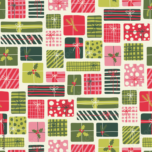 Whimsical Christmas Hand Drawn Gift Boxes Vector Seamless Pattern. Colorful 70s Retro Print. Winter Holiday Festive Background