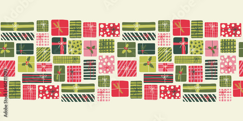 Whimsical Christmas Hand Drawn Gift Boxes Vector Seamless Pattern Border. Colorful 70s Retro Print. Winter Holiday Festive Background