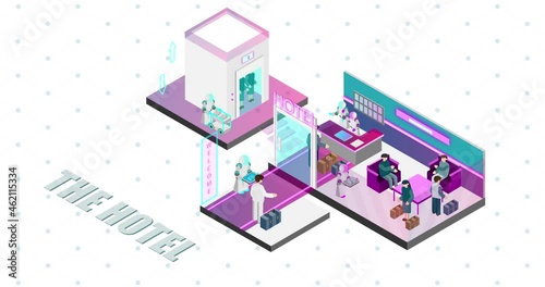 Autonomus hotel with robot workers. The Future world series of isometric animation in detail.