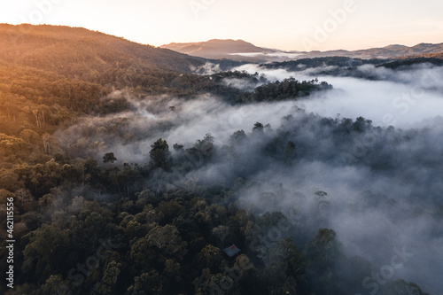 Mountains and trees at a rural village, high angle in the morning