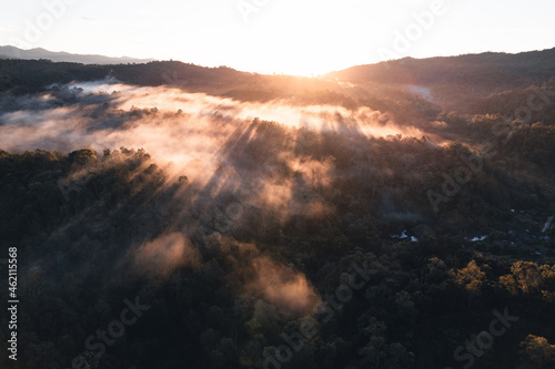 Mountains and trees at a rural village, high angle in the morning © artrachen