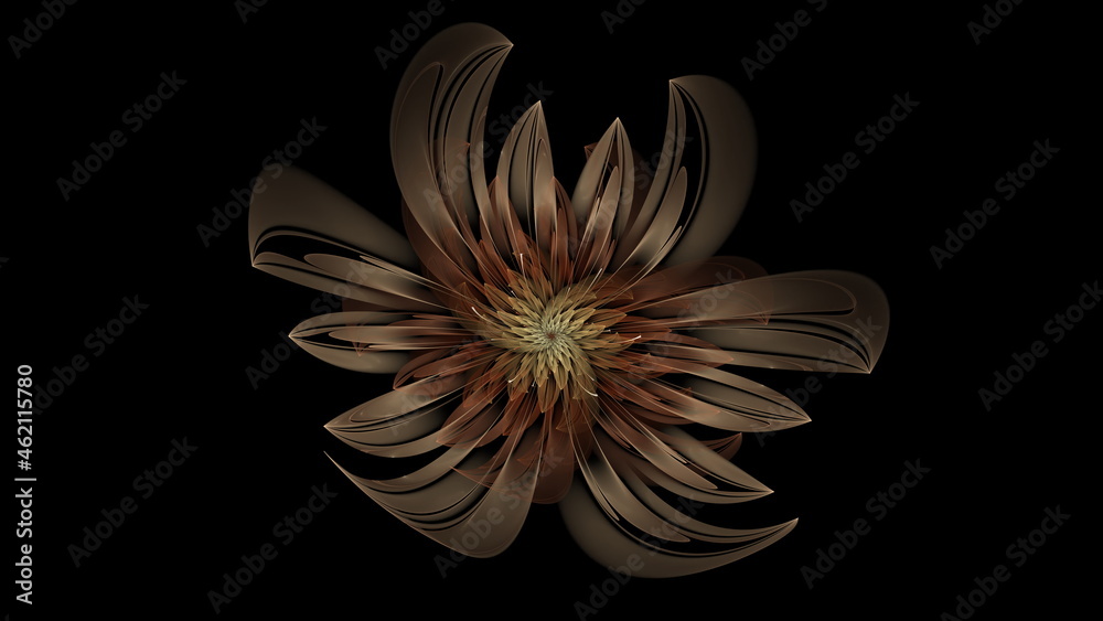 Fototapeta premium Beautiful abstract 3d colored flower, glowing flower petals on a black background. 3d render