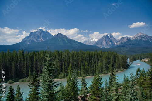 Fototapeta Naklejka Na Ścianę i Meble -  A panoramic view of the Bow River and Canadian Rocky Mountains.   Banff National Park,  AB Canada 
