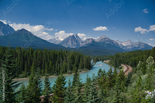 A panoramic view of Bow River and Canadian Rocky Mountains. Banff National Park, AB Canada 