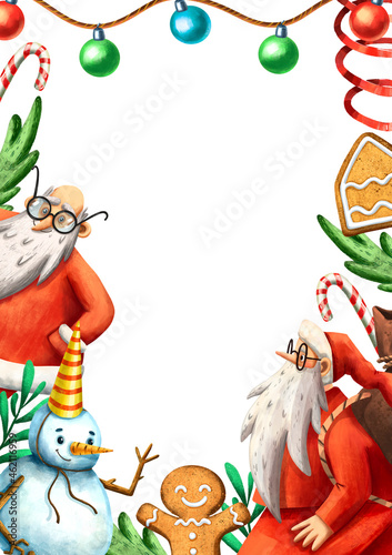Cute Christmas frame. Funny Santa Claus characters. Gingerbread man and houses. Cartoon style of illustration. Art for invitation cards or chrismas prints. Snowman and garland. Christmas banner blank.