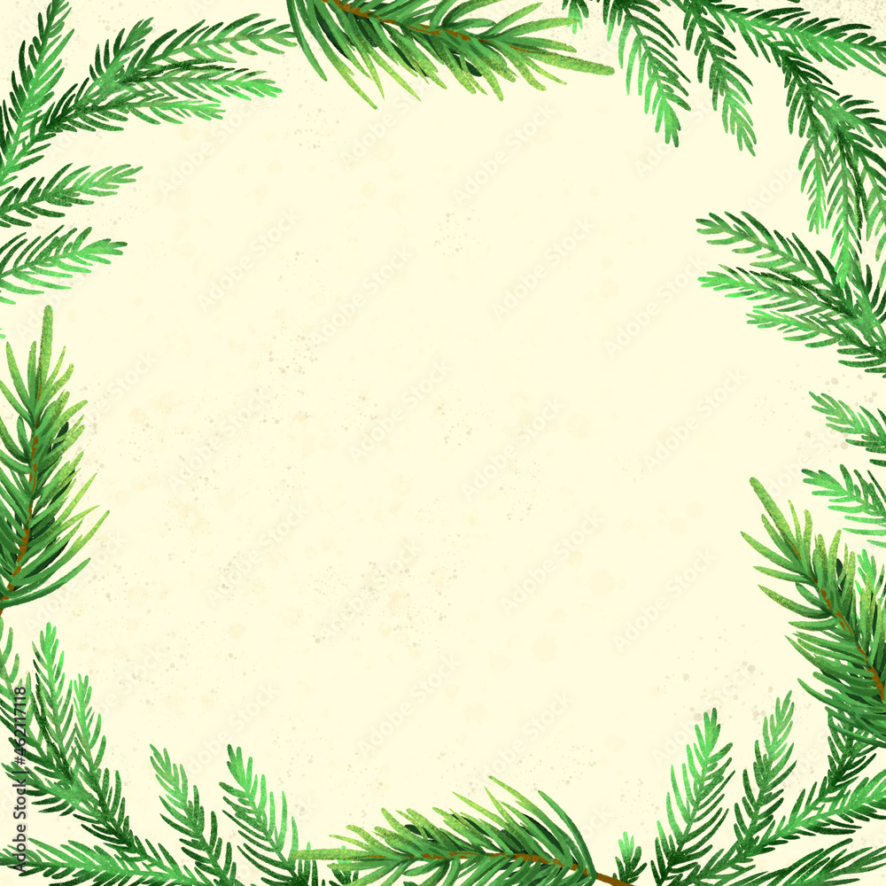 Cute Christmas border. Yellow background. Decorative frame. Green spruce branch. Cartoon style of illustration. Art for invitation cards or Chrismas prints. Green pine garland.