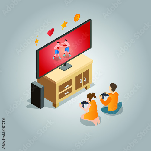 Playing boxing game on TV 3d isometric vector illustration concept for banner, website, landing page, ads, flyer template